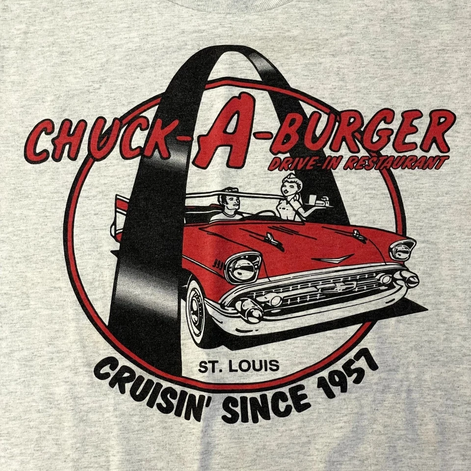 Vtg 80’s BEST Heather CHUCK A BURGER Front Back Cruisin MUSCLE CAR 50/50 T Shirt - Image 4 of 4