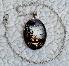 Halloween Necklace Pumpkin Spooky House Costume Metal Pendant 1.75" Chain 20"