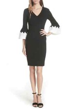 TED BAKER Black White Lace Bell Sleeve V-Neck Knit Sheath Dress 0 TB = 2 US = XS
