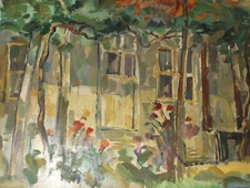 Vintage impressionist oil painting landscape house yard