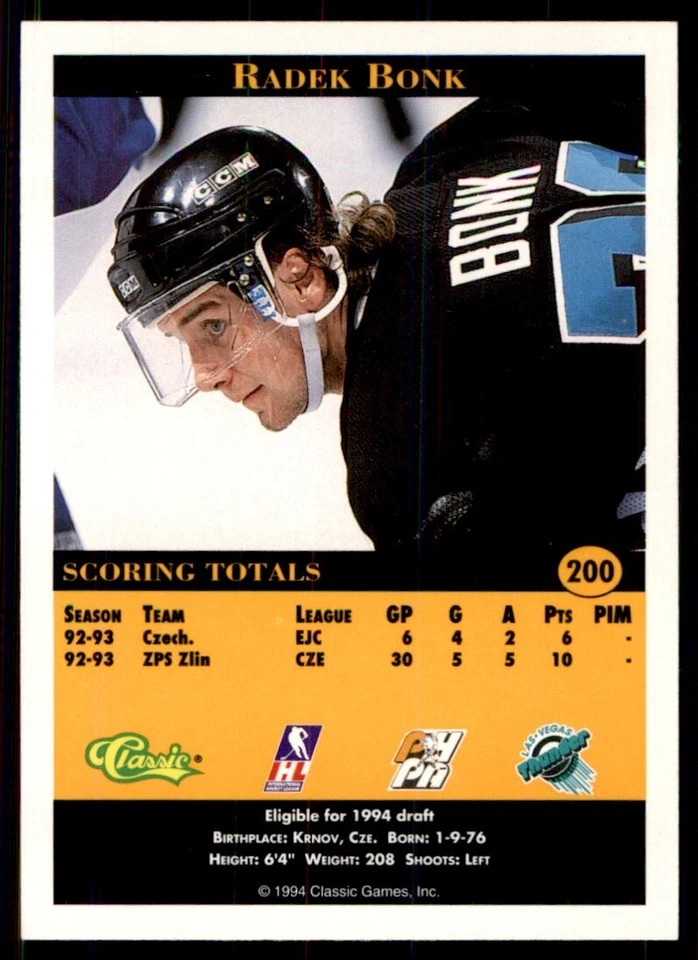 1994-95 Classic Pro Prospects Radek Bonk Las Vegas Thunder #200 - Image 2 of 2