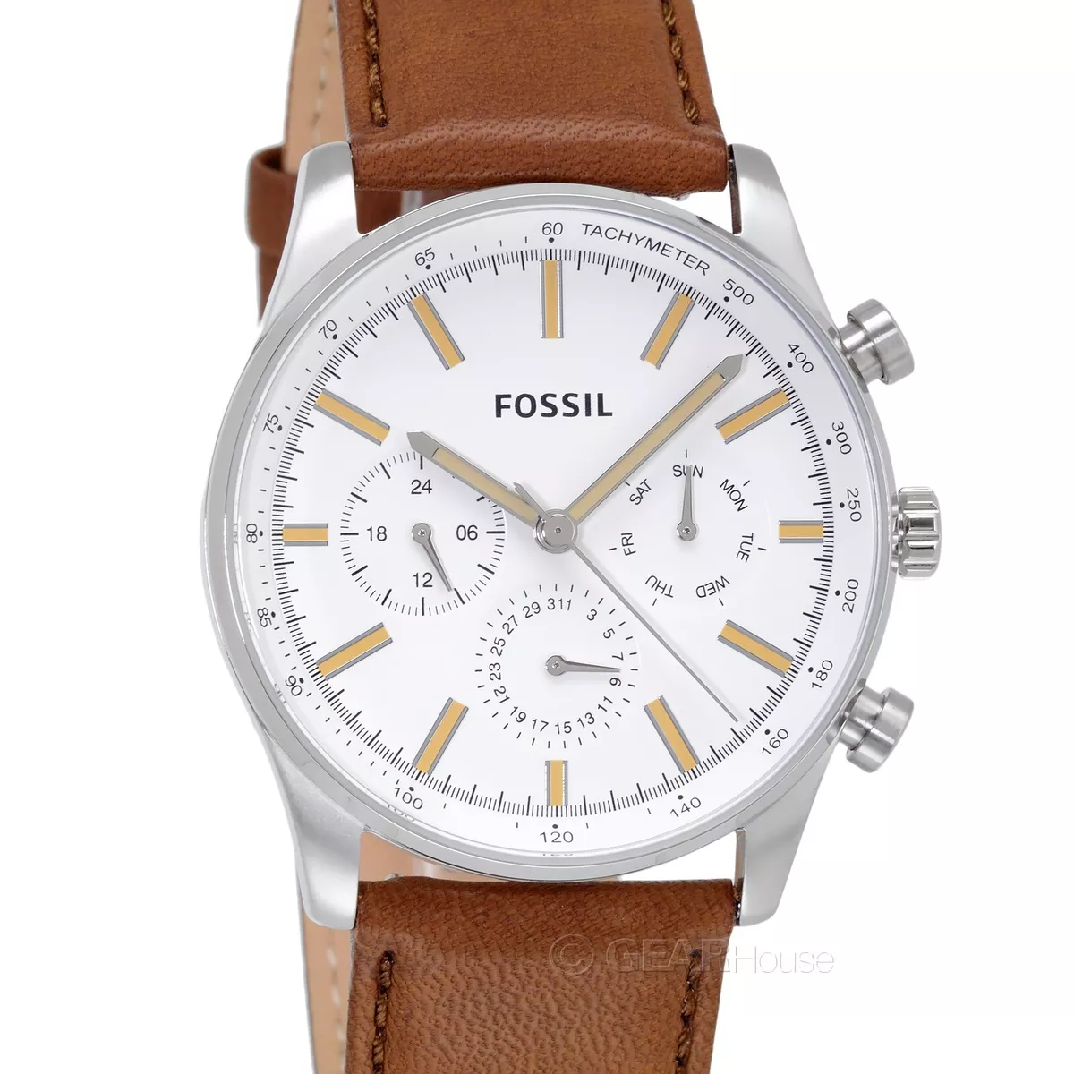 FOSSIL Sullivan Mens Multifunction Watch, White Dial Day Date Brown Leather  Band | eBay