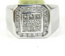 Natural Princess Cut Diamond Invisible Cluster Men's Ring 14k White Gold 1.60Ct