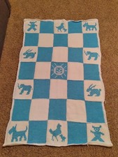 HAND CROCHET Blue White BABY BLANKET Baby Animals Colorful Boy 36in x 58 In