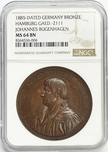 1885 GERMANY HAMBURG FREE CITY BUGENHAGEN 400th BIRTHDAY MEDAL NGC MS 64 BN