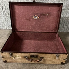 Vintage Australian Star Brand Tweed Rattan woven Suitcase Metal Corners