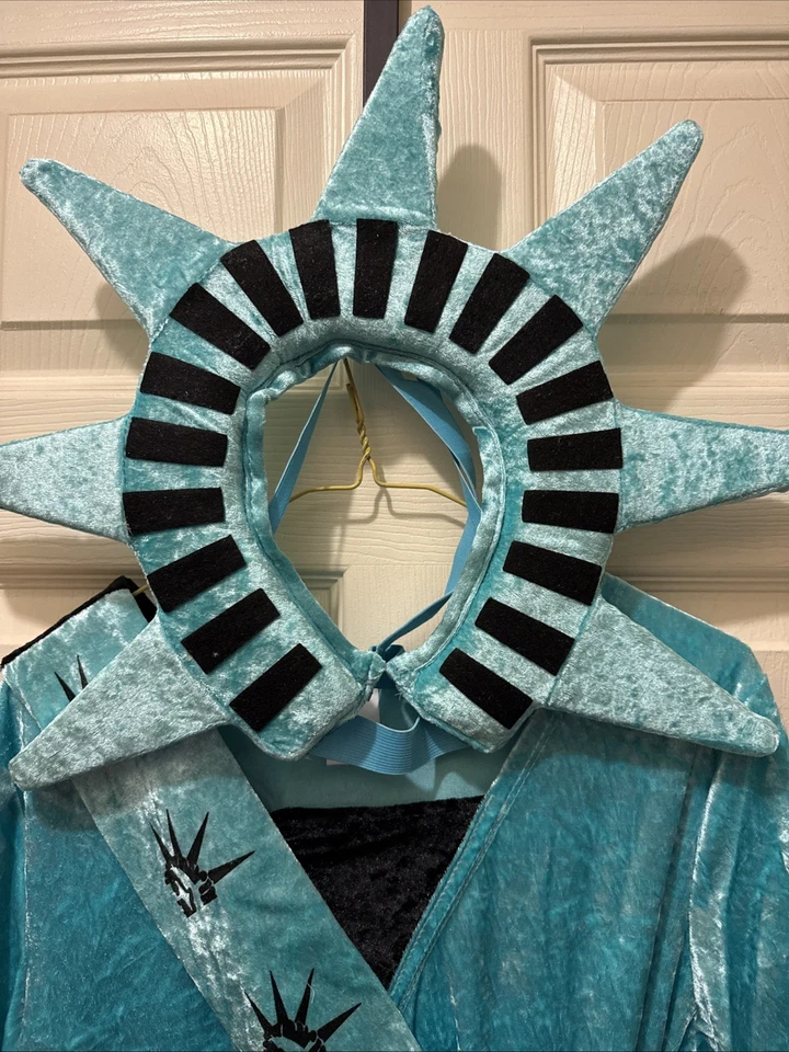 Niñas Estatua de la Libertad Disfraz EE. UU. Impresiones Estampado Conjunto Talla S/M con Corona Foto 2 de 4