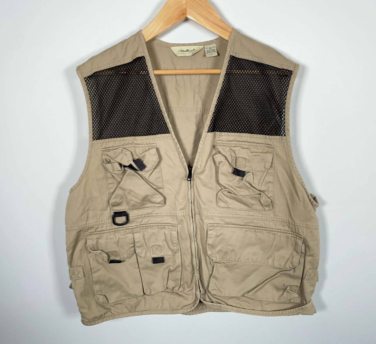 Eddie Bauer Tactical Vest Men's Large Beige Cargo Safari Fishing Cotton Mesh