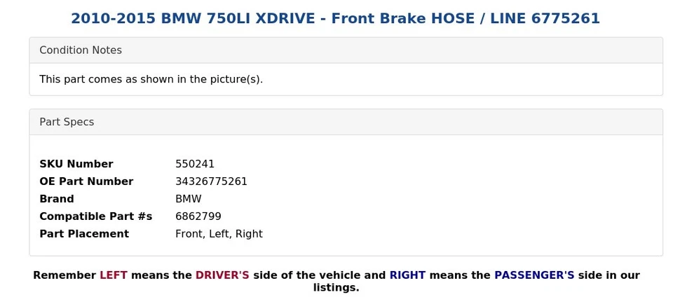 2010-2015 BMW 750LI XDRIVE - Mangueira de freio dianteiro / LINHA 6775261 - Imagem 4 de 4