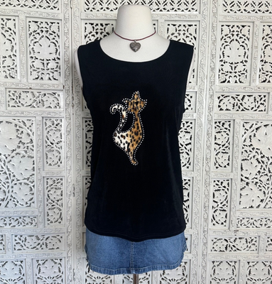 #ad Handmade Retro Black Tank Top With Cheetah Print Appliqué Cat Sz Small $15.00