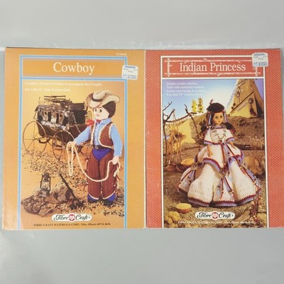 Fibre Craft Crochet DIY Book 16'' Doll Outfit Western Cowboy Indian Princess VTG