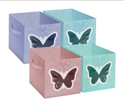 4 Pack Cube Storage Bins -  Fabric Foldable Organizer for Kids Butterfly Window