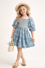 Rare Editions Girls Daisy Embroidered Smocked Tiered Dress Blue Size 7 NWT