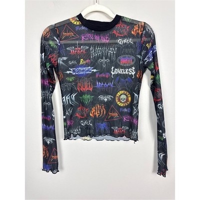 Current Mood Mesh Sheer Top Women Small Black Band Rock Grunge Cross Skull Flame