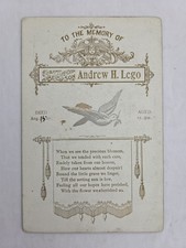 c1891 antique MEMORIAL CARD ANDREW H. LEGO deceased CHILD remembrance