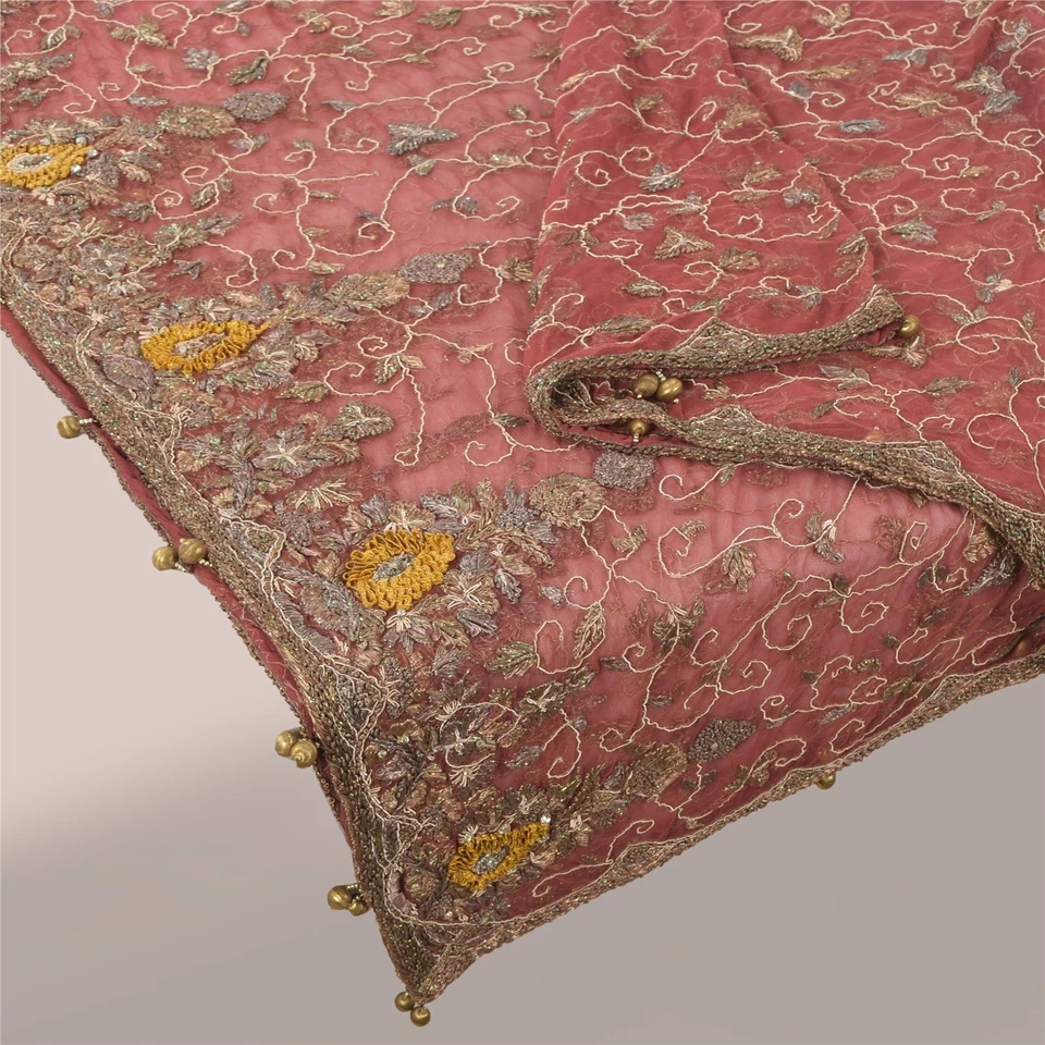 Sanskriti Vintage Mauve Dupatta Long Stole Net Hand Beaded Premium Wrap Scarves - Image 2 of 4