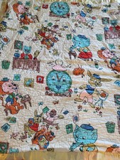 1950s Anthropomorphic Animal Baby Quilt 44" 44" Yellow Backing Satin Edge