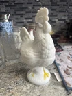 Westmoreland Vintage Milk Glass Rooster Candy Dish With Yellow Feet.