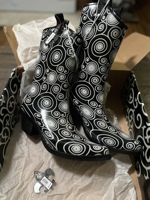 BLAZIN ROXX Layla Cowboy Rain Boots Black White Spirals Outdoor Sz 11 Women
