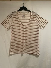 Lucky Brand Women's White Striped V-Neck Pullover T-Shirt Size Med