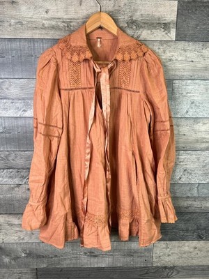 Free People 5 O'Clock Tea Time Mini Dress Size Small Orange Ruffle Boho Smock