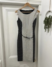 Next Size 10 Black And Cream Spotted Tailored Fit Smart Work Dress With Belt