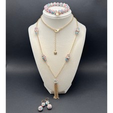 Monet Necklace Bracelet Earrings Set Gold Tone Multicolor Tassel Demi Parure 33