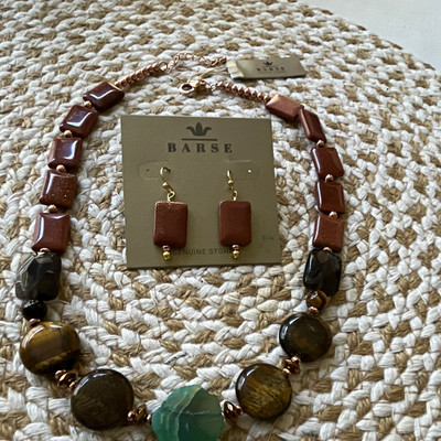 Barse Genuine Stone Jewelry Set Adjustable Necklace & Earrings Brown/Green
