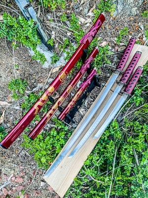3pc Ninja Japanese Katana Samurai Sword Set Carbon Steel Blade Bushido Stand - R