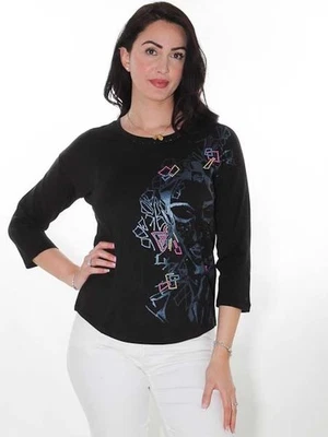 -50% Shirt Dolcezza S = 38 Kunstdruck schwarz blau Steine Glitzer Viscose Jersey - Bild 1 von 4