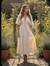 CIDER Cream V-Neck Flutter Sleeve Midi Dress Linen Blend Size L Boho Revival