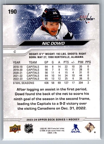 Nic Dowd 2023-24 Upper Deck HOCKEY #190 Washington Capitals - Picture 2 of 2