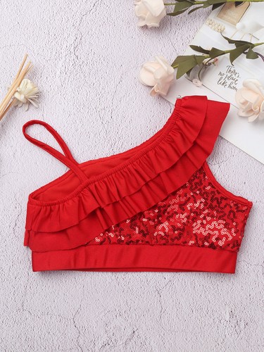 Kid Girl Sequins Vest Ruffle Across Off Shoulder Crop Top Jazz Hip-Hop Dancewear - Picture 31 of 62