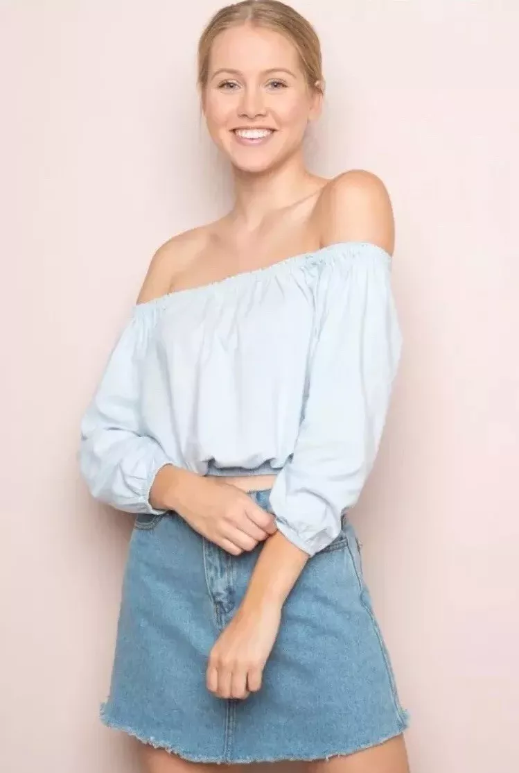 Brandy Melville Light Blue Crop cotton off shoulder ruffle trimmed Maura  Top NWT