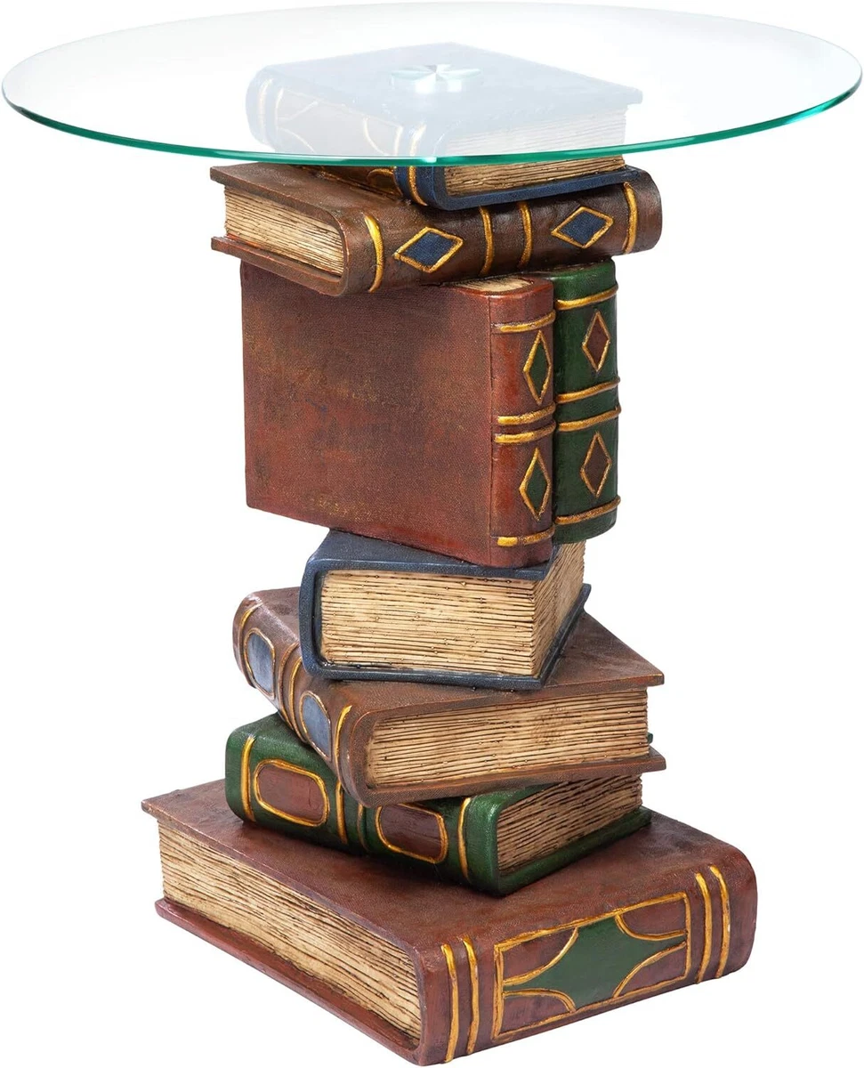Katlot Stacked Book Volumes Vintage Decor End Table with Glass Top 20 Inch
