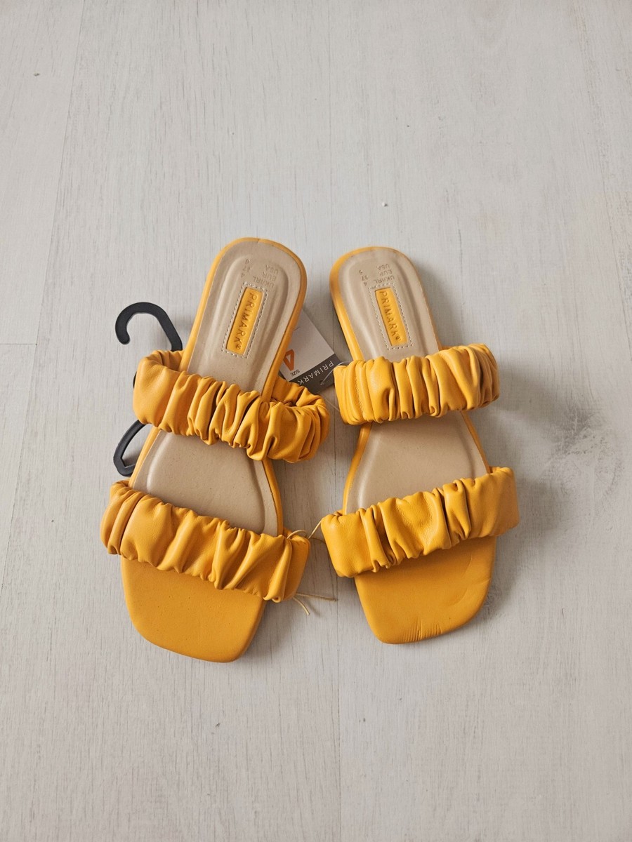 Primark Mustard Yellow Scrunch Faux Leather Flats Sandals Sliders