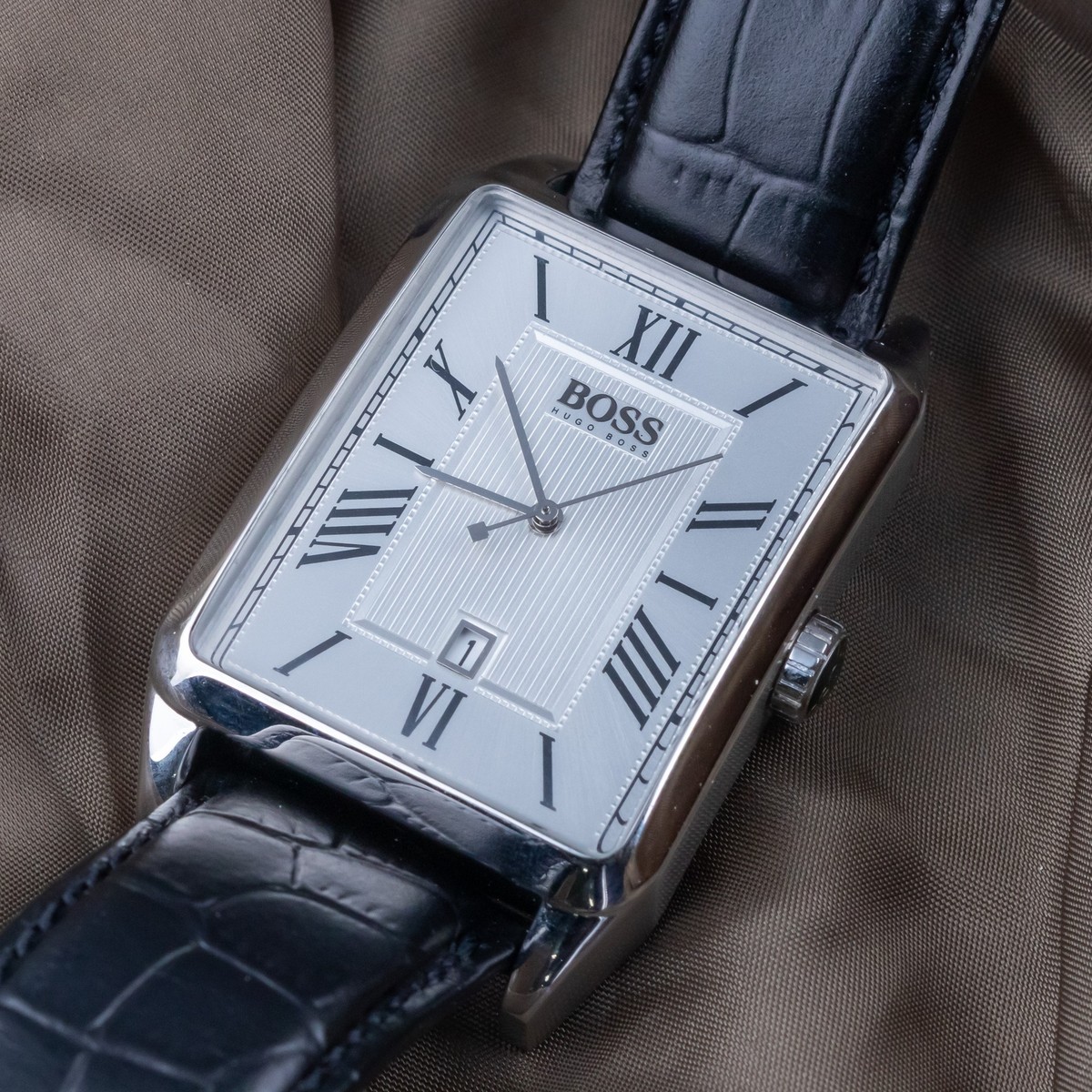 Vintage Hugo Boss Rectangular Silver Dial Quartz Leather Strap Men