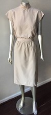 Retro Pencil Vintage 80s does 50s Gingham Check Top Midi Belted Taupe Dress M