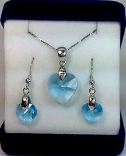 PARURE ARGENTO 925 ROD ORO B. 18k COLLANA+ORECCHINI CUORI SWAROVSKI ACQUAMARINE