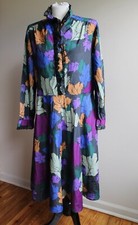 Vtg Handmade 44" Bust Silk-Feel Leaf Print Long Sleeve Lace Trim Midi Dress