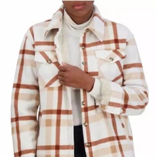 SAGE Women L Plush Shirt Jacket Copper Rust Plaid Button Up Fleece Sherpa Lined