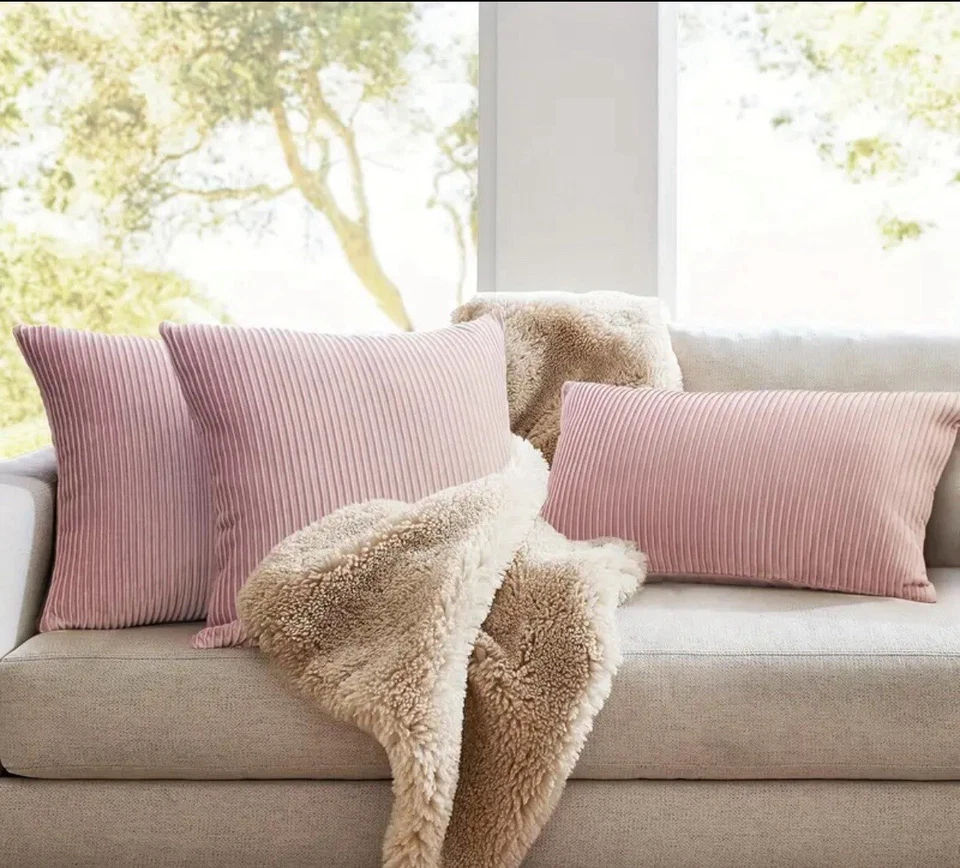 Funda de almohada a rayas de terciopelo rosa, 1 pieza, 18x18 Foto 2 de 4