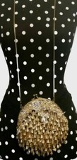 Hand Sewn Evening Party Bag Purse Gold Rhinestones Beads Sequins Chain Strap 80s