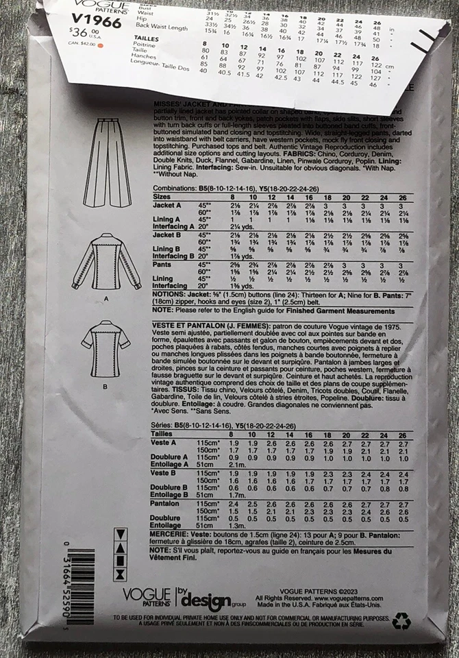 Vogue Sewing Patterns 1966 . MissesJacket And Pants Uncut. Sizes 8-10-12-14-16. - Image 3 of 3