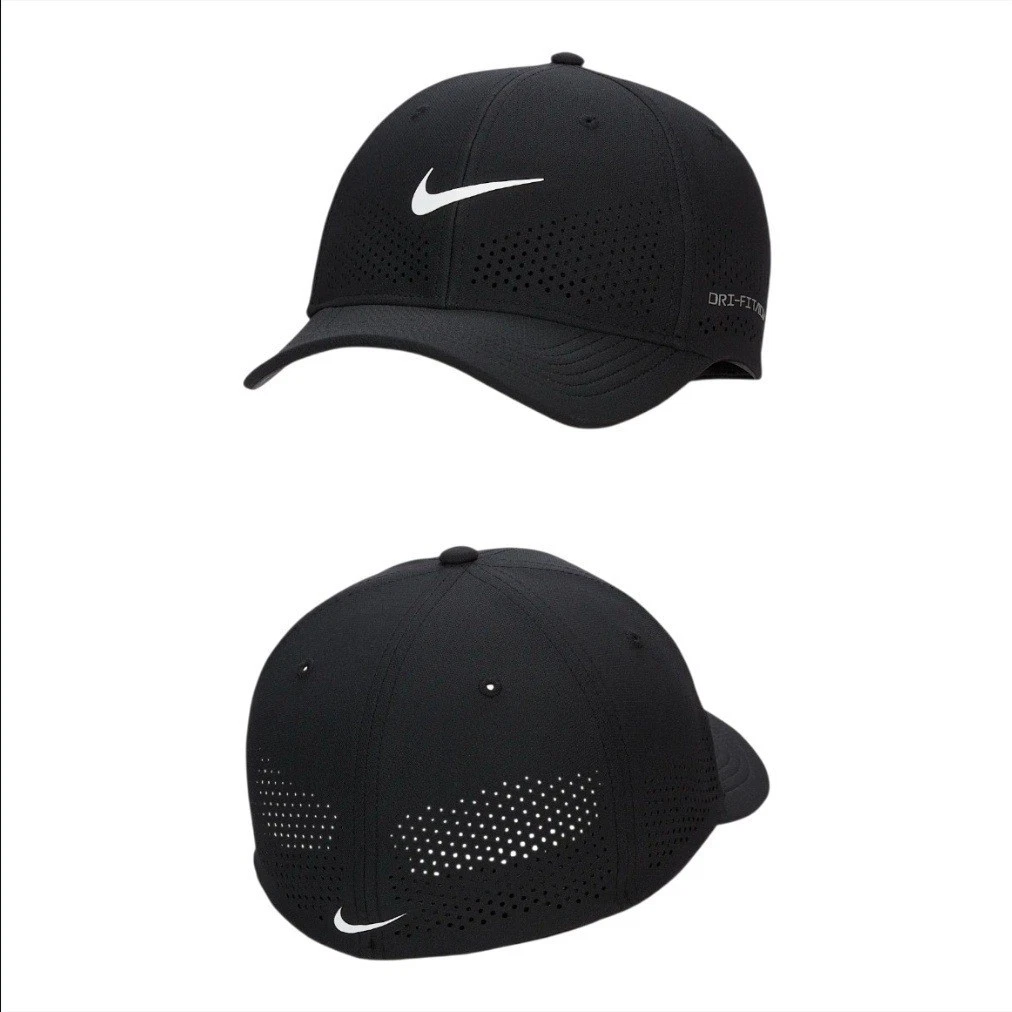Nike Mens Dri-FIT ADV Rise Cap Swoosh Flex Black Hat Medium Large M/L FB5633-010