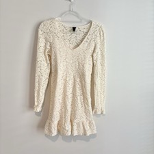 Wild Fable Dress Mini Ruffle Lace Overlay Long Sleeve V Neck Ivory XS
