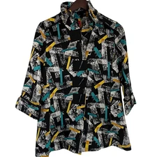 IC by Connie K Button Down Shirt S Black Abstract Brushstroke Tunic Top Blouse