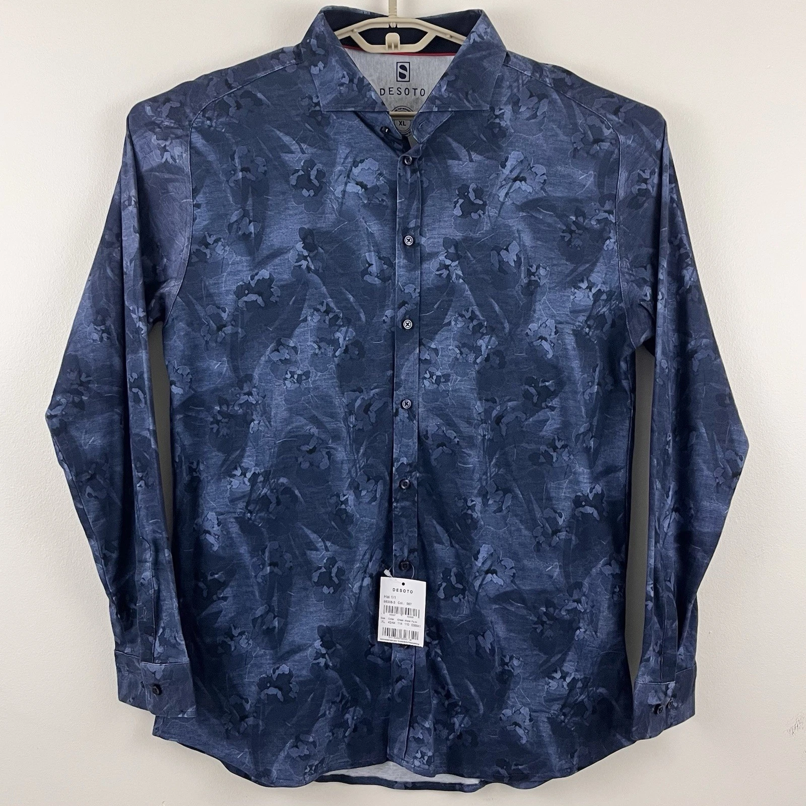 Desoto Hai Sport Shirt Mens XL Blue Floral Stretch European Fit Button Up