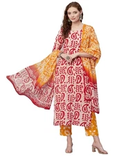 GoSriKi Women's Cotton Blend Printed Straight Kurta with Pant & Dupatta