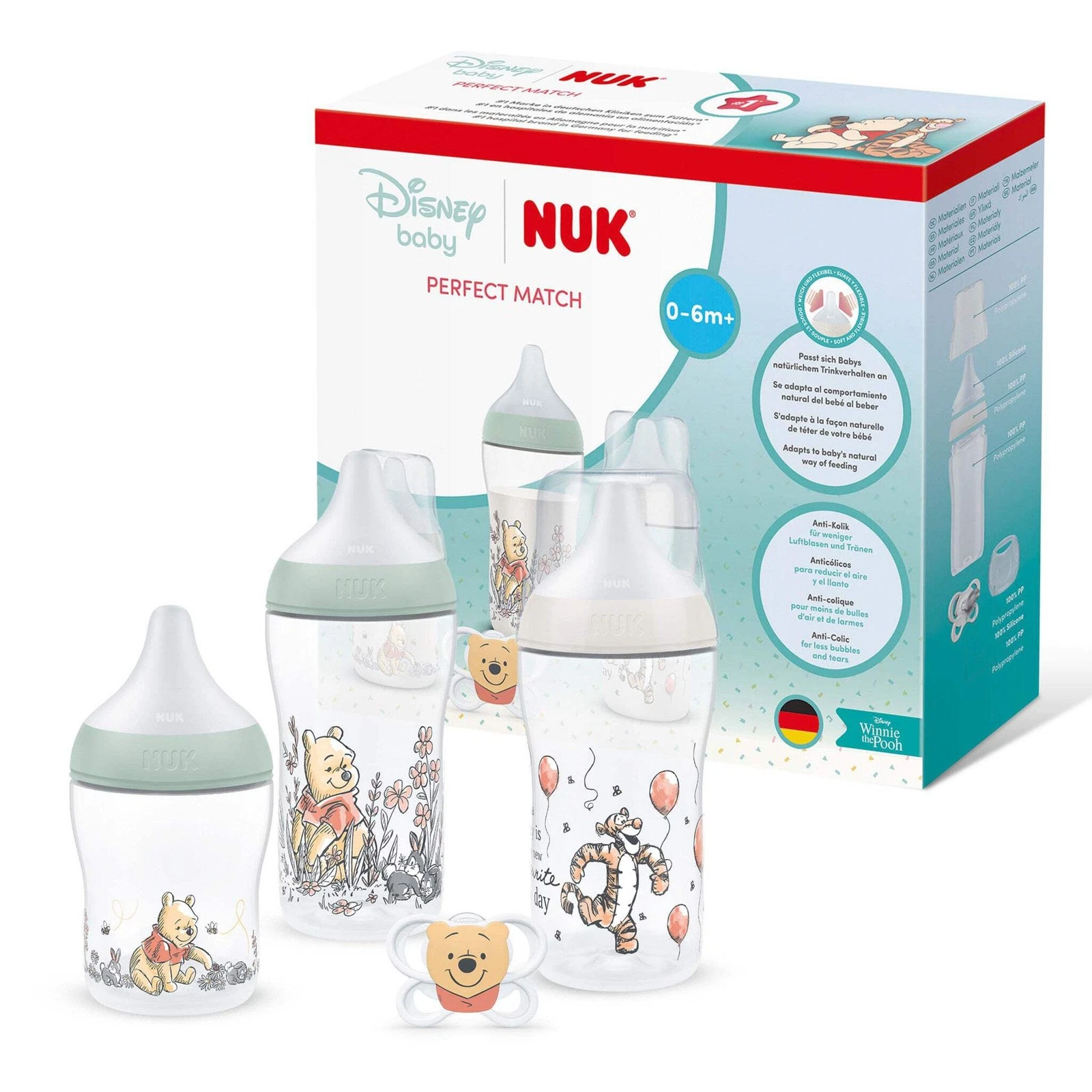 NUK Perfect Match Baby Bottle Set Winnie the Pooh 0M+ Anti Colic NEW
